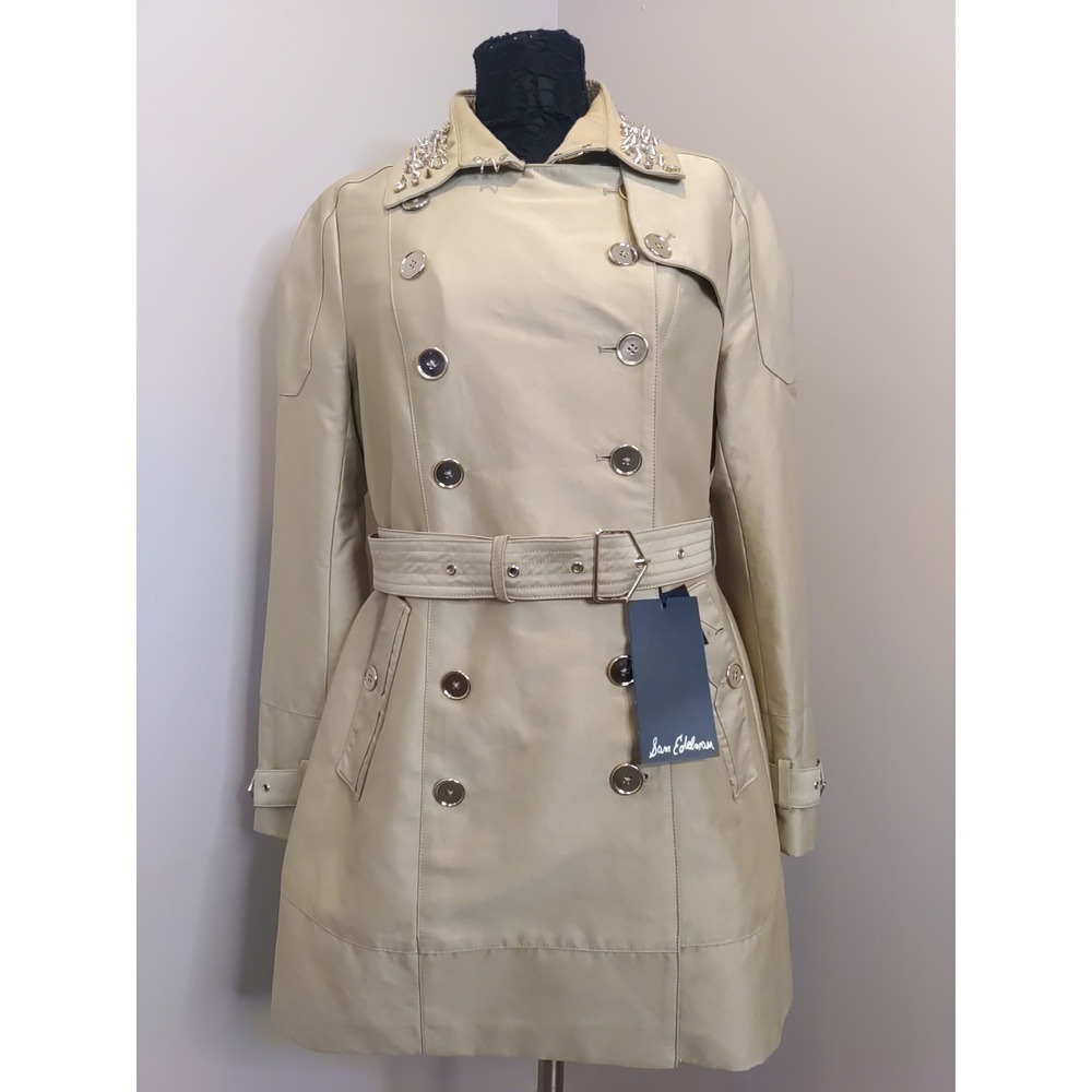 Sam Edelman Women Beige Stud Collar‎ Double Breast Trench Coat Size L